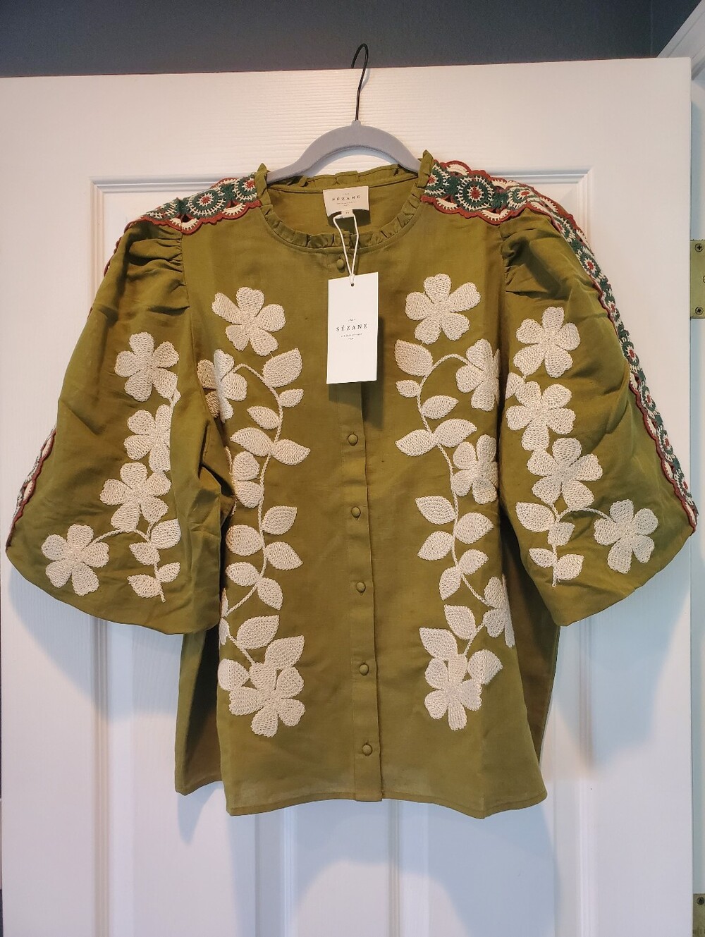 NWT Sezane Anton Blouse In Olive Green - Picture 2 of 6